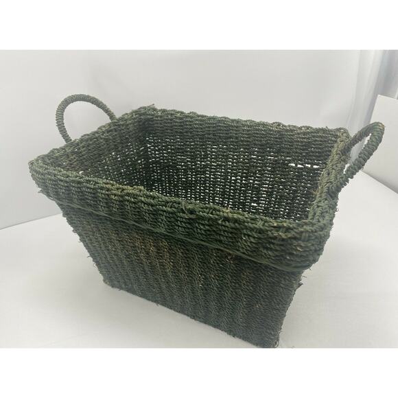 Vintage Jute Wicker Rattan Magazine Rack Handled Holder MCM Book Storage Basket - Picture 11 of 12